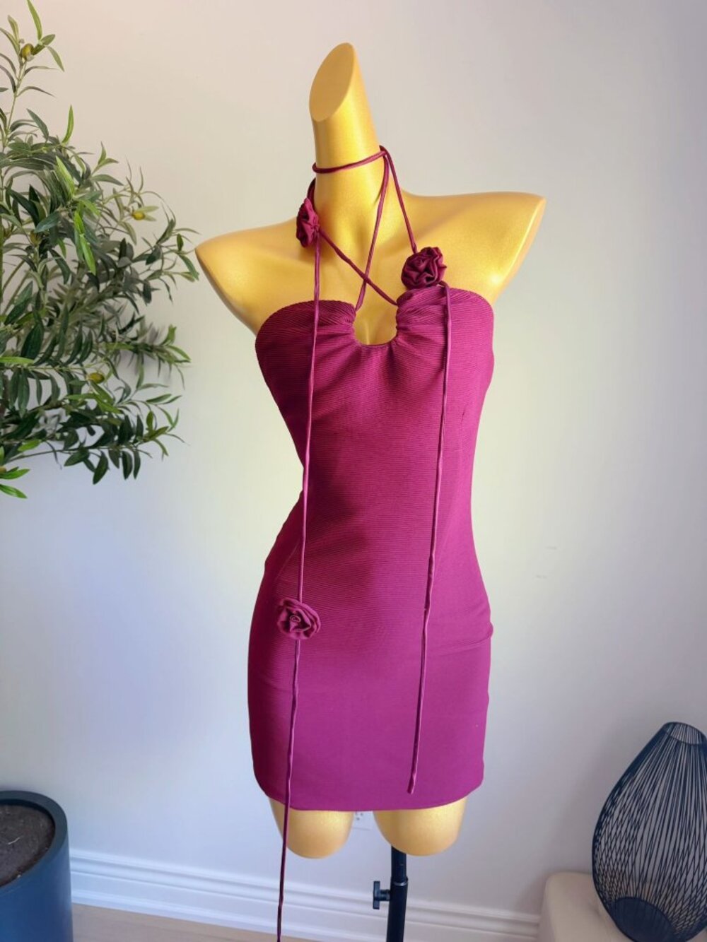 Burgundy Rose Halter Bodycon Mini Dress Multi-Way Strap XS